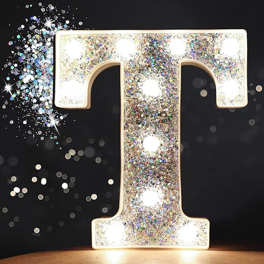 Pooqla Light Up Letters, LED Marquee Letters for Silver Birthday Decorations, Battery Powered Night Light Teenager Girl Room Decor, Gift for Girls Boys Wedding Bedroom Christmas Party Decor, Letter T
