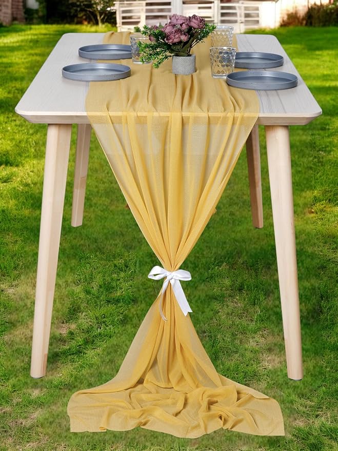 MDS 2 Pack 14ft Chiffon Table Runner 29 x 170 Inches Sheer Wedding Runner Romantic Rustic Table Runner for Wedding Decorations, Birthday Parties, Bridal Shower Party Arch Decor - Gold