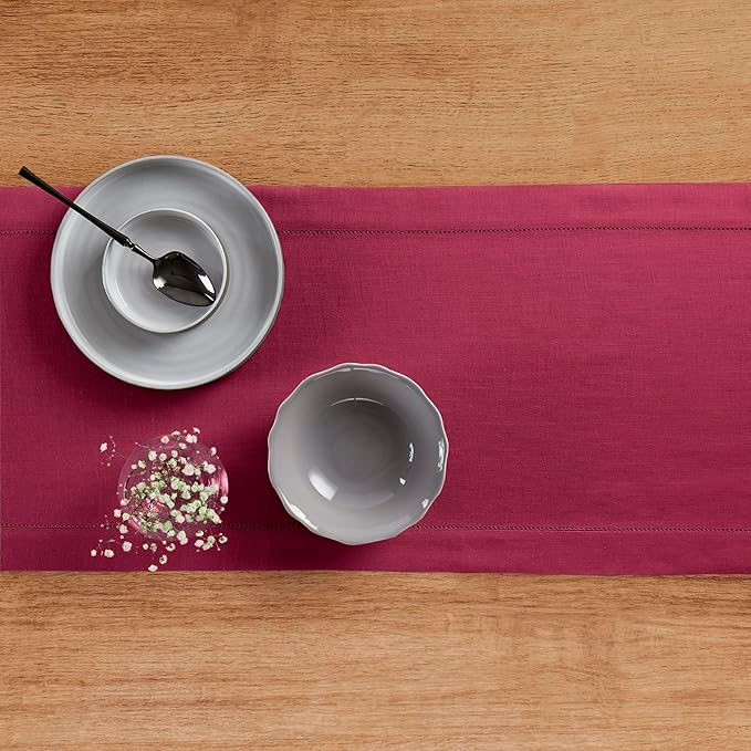 Solino Home Linen Beet Table Runner 144 Inches Long - 100% Pure Linen Extra Long Table Runner 14 x 144 Inch for Fall, Autumn, Thanksgiving - Classic Hemstitch