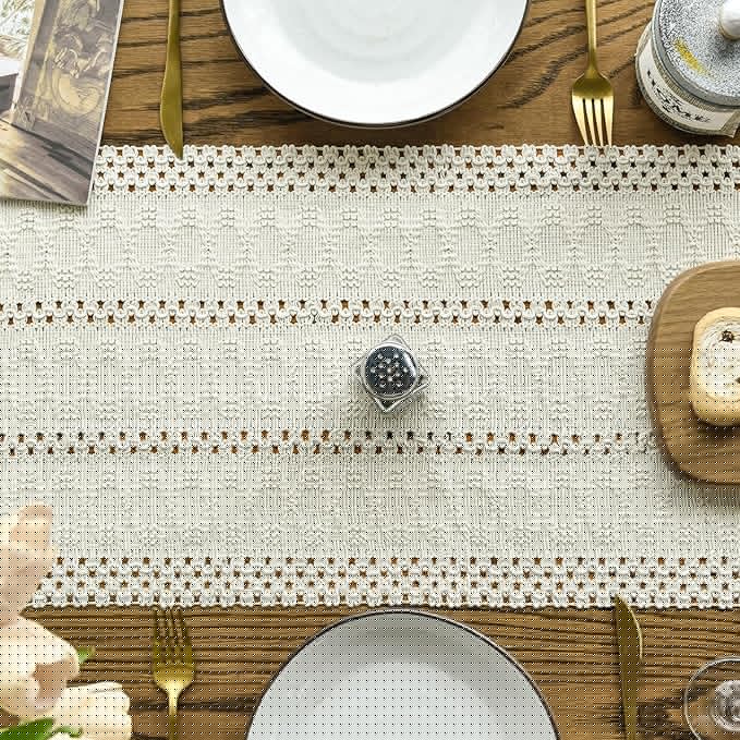 Artoid Mode Beige Farmhouse Woven Rustic Hollow Table Runner, Seasonal Holiday Hollow Kitchen Dining Table Decoration for Home Party Decor 12x90 Inch