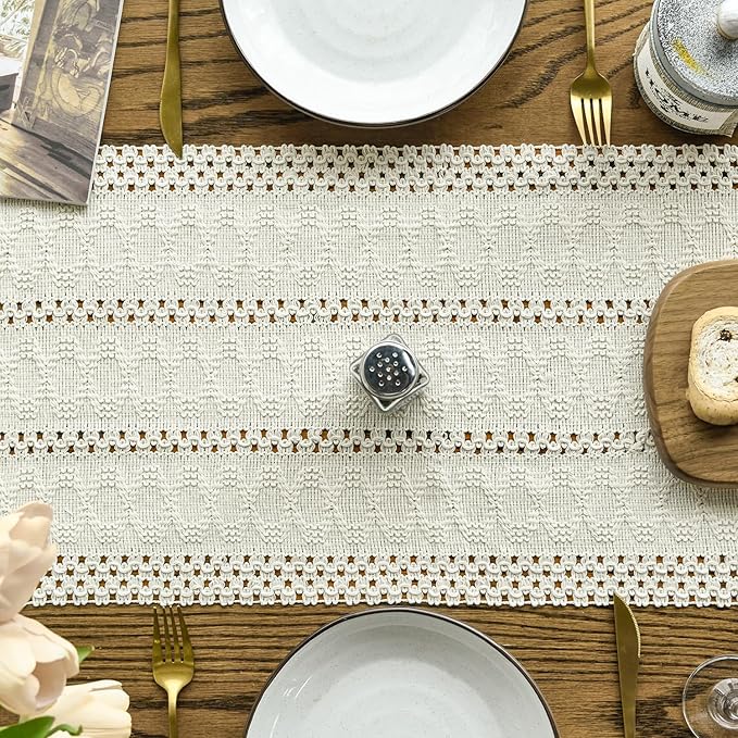 Artoid Mode Beige Farmhouse Woven Rustic Hollow Table Runner, Seasonal Holiday Hollow Kitchen Dining Table Decoration for Home Party Decor 12x60 Inch