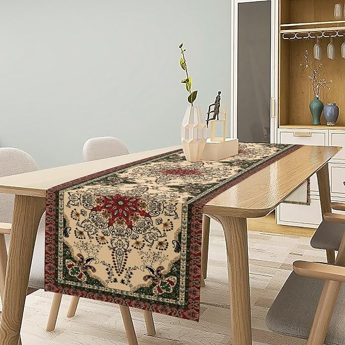 Vintage Paisley Bohemian Table Runner Beige Red Rustic Farmhouse Home Kitchen Table Dining Coffee Room Garden Party Wedding Decor 13x120in