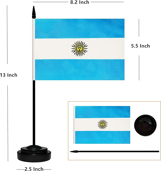 12 Pack Argentina Desk Flags Set, Argentine Small Mini Table Office Flags with 12" Solid Black Pole, 8.2 x 5.5 Inches, Home and Office Decoration, Festival Celebrations