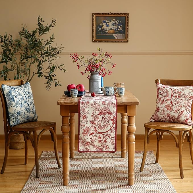 ISAENNE Designer Chinoiserie Elegant Linen Table Runner 71 Inches Long,Red Floral Pattern Decor Table Runners for Thanksgiving,Dining Room,Banquet,Kitchen Tables,Christmas,12"*71"-Ruyi A
