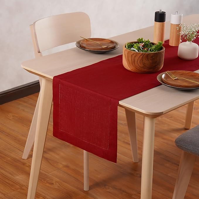 100% Pure Linen Red Table Runner 14 x 36 Inch - Small Hemstitch Christmas Table Runner - Cloth Fabric Runner for Thanksgiving, Winter, New Year - Elara