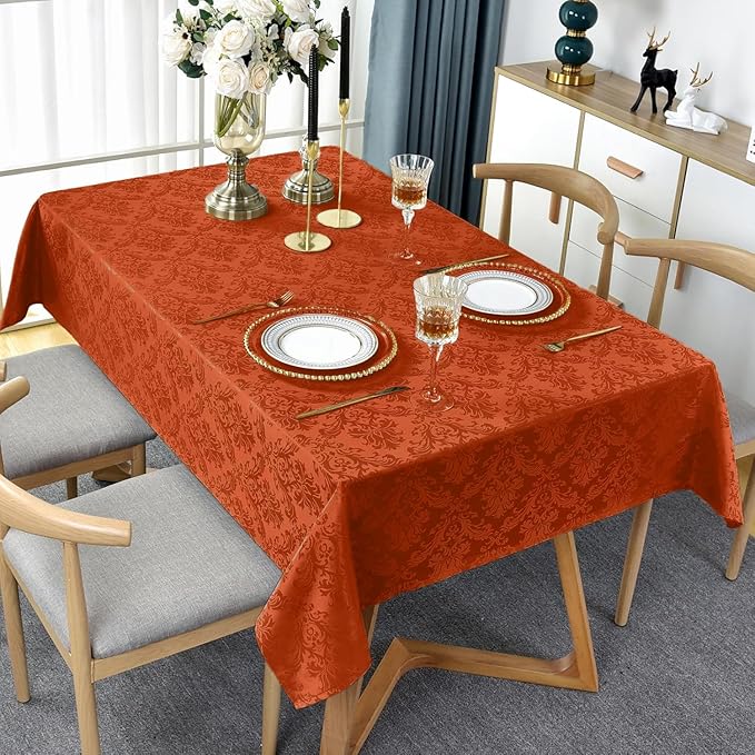 SASTYBALE Jacquard Rectangle Tablecloth, Rusty Spill-Proof Wrinkle Resistant Damask Table Cloth, Soft Polyester Oblong Table Cover for Kitchen Parties Thanksgiving - 60 x 102 Inch Rust