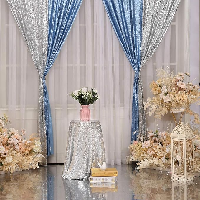 Poise3EHome 2Pcs 3Ft x 8Ft Baby Blue Sequin Backdrop Curtain, Glitter Photography Background, Sequence Xmas Thanksgiving Backdrop for Wedding Party Holiday Festival Decor