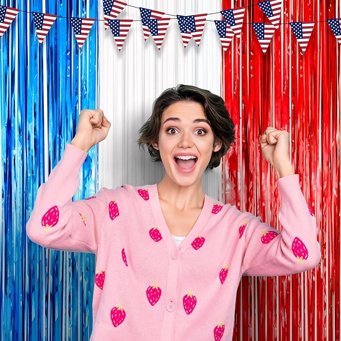 3 Pack 3.3 x 8.2 ft Red White and Blue Foil Fringe Backdrop Curtains, Tinsel Streamers Party Decorations, Fringe Backdrop for Patriotic, Memorial Day, 4th of July, Independence Day