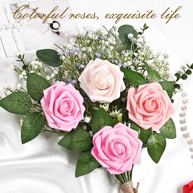 BLEUM CADE 16Pcs Artificial Flowers Fake Roses with Stems, Gradient Red & Pink Boxed Foam Roses for DIY Bouquets Centerpieces Wedding Party Arrangement Bridal Shower Decor