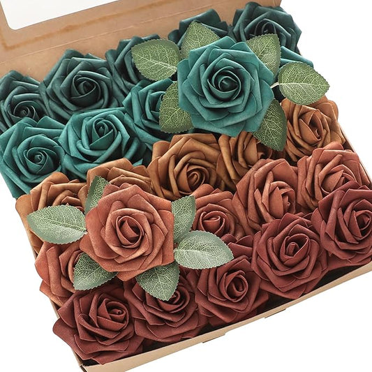 Floroom Artificial Flowers 25pcs Real Looking Teal Green Terracotta Ombre Colors Foam Fake Roses with Stems for DIY Wedding Bouquets Bridal Shower Centerpieces Floral Arrangements Tables Decoration