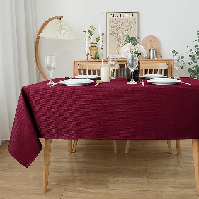 Biscaynebay Textured Fabric Christmas Rectangle Table Cloth 90x156 Inch, Burgundy Water Resistant Tablecloths for Dining, Kitchen, Wedding, Parties etc. Machine Washable