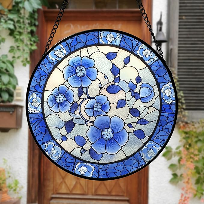 Stained Glass Window Hanging, Blue and White Plum Blossom Sun Catcher for Door Home Decor Flowers Suncatcher Christmas Mother's Day Birthday Gifts for Women Men Mom and Nana 15 in