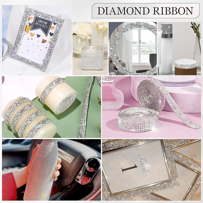 Rhinestone Ribbon 3 Yards Self Adhesive Rhinestone Strips Diamond Ribbon Sticker Crystal Roll Glitter Bling Rhinestones Tape for Crafting DIY Art Decoration (Silver,0.6 Inch)