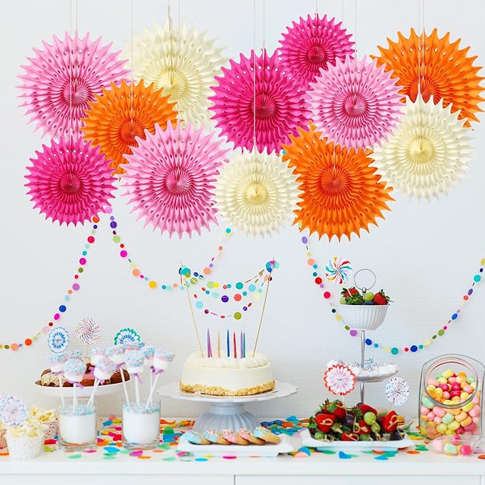 BestoFun 12PCS Paper Fans Hot Pink and Orange Party Decorations Tissue Paper Flowers Decorations for Girl Groovy Birthday Baby Shower Wedding Bachelorette Room Wall Hanging Décor