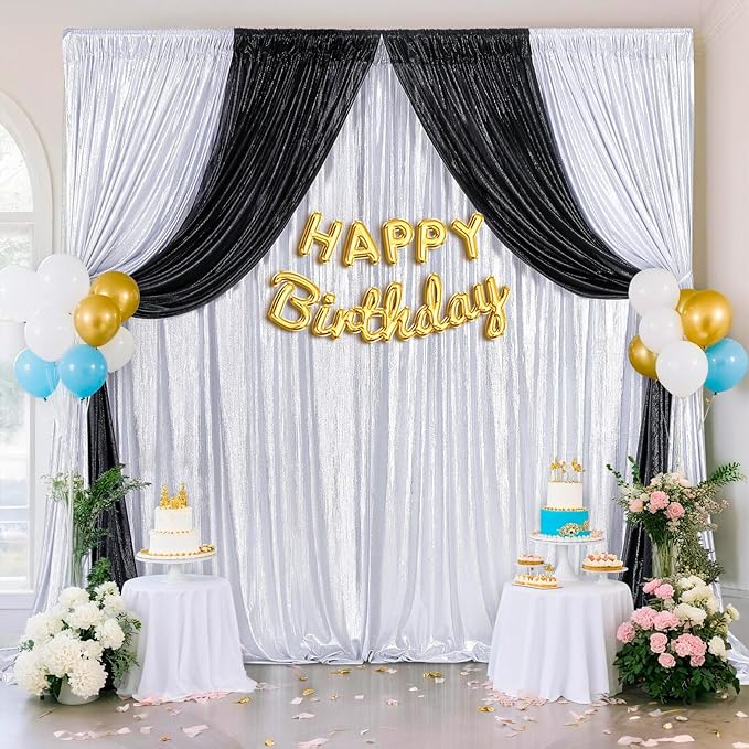 Silver Curtains Backdrop for Wedding Parties, Glitter Blrthday Drapes 4 Panels of 4.8x8FT Wrinkle Free Glitter Photo Backdrop Drapes