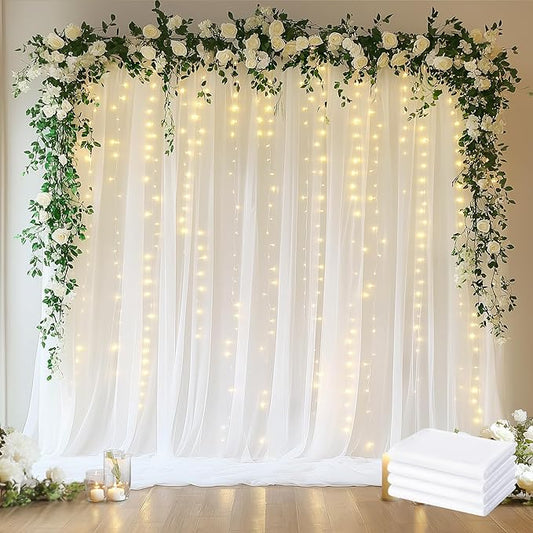 Fomcet Tulle Backdrop Curtains White 20FT X 10FT Tulle Curtains with Lights String Sheer Backdrop Curtain for Parties Wedding Baby Shower Photo Shoot Decorations (4 Panels 5 x 10FT)