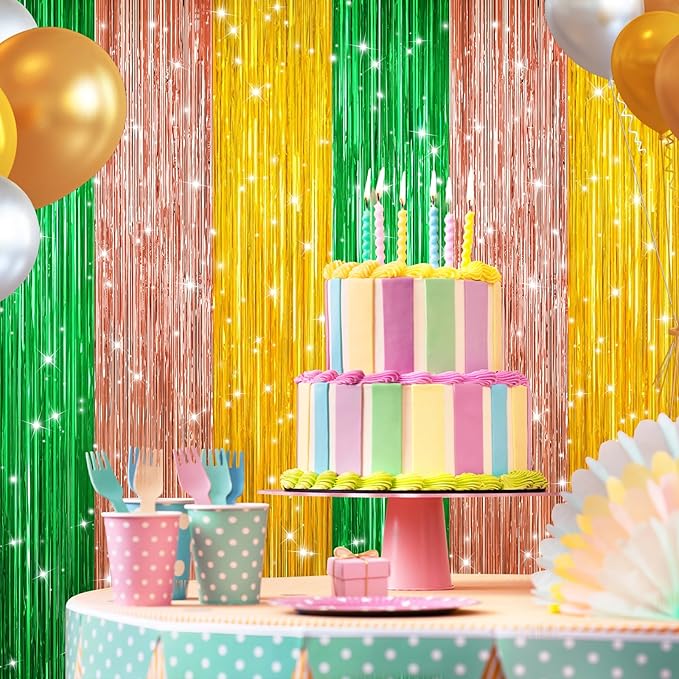 2 Pack Metallic Tinsel Foil Fringe Curtains, Door Streamers Photo Booth Backdrop for Birthday Party, Tinsel Curtain Backdrop for Baby Shower Christmas Party Decorations, Green Rose Gold and Gold
