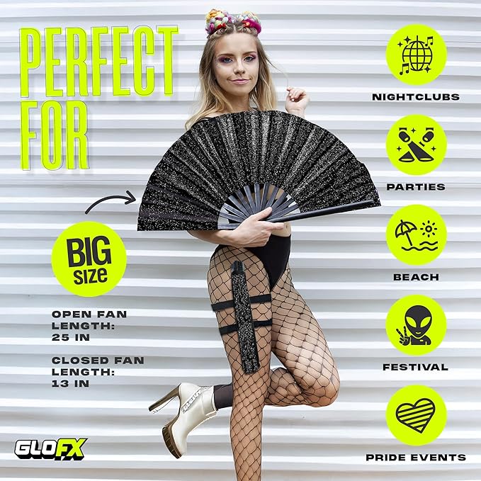 Black Glitter Folding Fan with Holster – Large Handheld Folding Fan with Loud Snap for Festival, Line Dancing, Drag, and Performance – Includes Matching Glitter Belt Holster