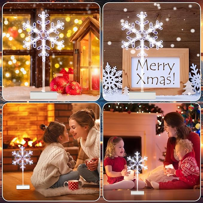 Riakrum 3 Pcs Lighted Christmas Tabletop Decorations Snowflake Table Decor Xmas Night Lights Battery Operated Christmas Centerpiece Lights Indoor for Holiday Winter Party Desk
