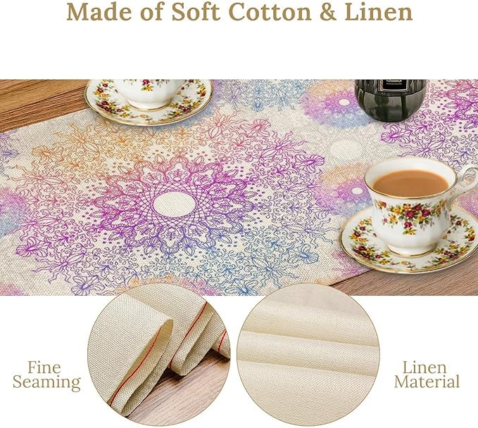 Oriental Mandala Table Runner, Traditional Bohemian Gradiently Purple Pink Blue Mandala Flower Table Runner for Farmhouse Cottage Kitchen Dining Table Decor, 13x108inch