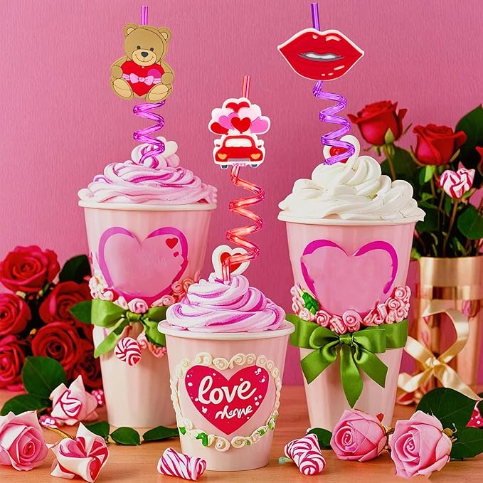 24 Valentines Reusable Party Drinking Straws Birthday Party Supplies Decorations with 2 PCS Cleaning Brushes (Valentines Rose)