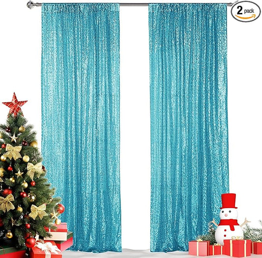 Hahuho Turquoise Sequin Backdrop Curtain, 2PCS 2FTx8FT Glitter Backdrop Curtain for Parties, Christmas, Wedding, Party Decoration（2 Panels, 2FT x 8FT, Turquoise