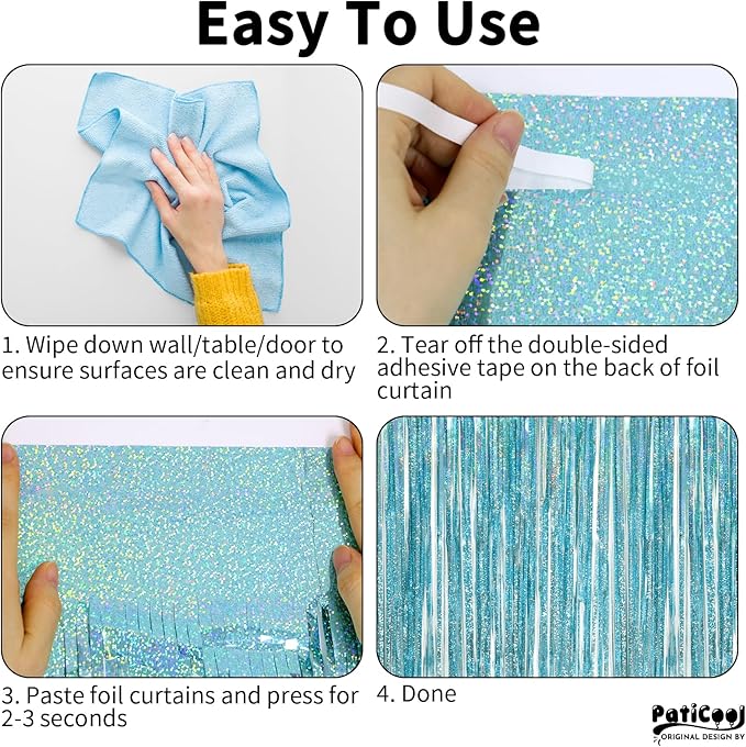 Light Blue Streamers Party Decorations - Thicken 2 Pack 3.2 x 8.2 FT - Blue Foil Fringe Backdrop Curtains for Birthday, Baby Shower, Bachelorette, Frozen, Pool, Under The Sea, Beach Party Decorations