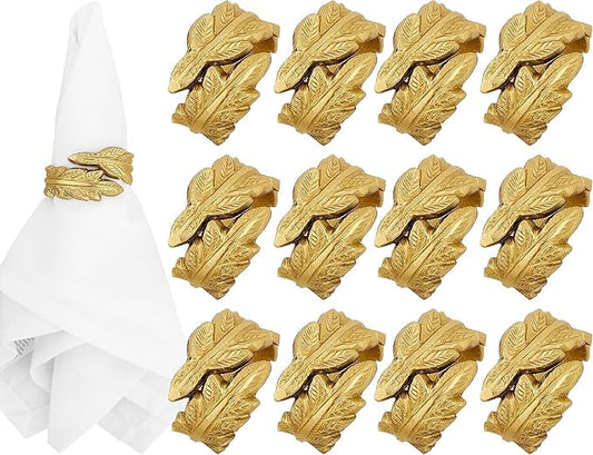 Gold Leaf Napkin Rings Set of 12 - Round Metal Napkin Holders for Dining Table Settings - Elegant Leaf Design for Weddings, Parties, Holiday Décor, Family Dinners & Special Occasions - CLEENTABLE