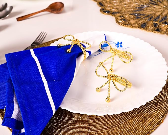 Napkin Rings Set of 12, Holiday Napkin Holders, Metal Napkin Rings for Safari Theme Table Décor Handmade for Holiday, Weddings, Receptions, Banquets, Events, Bow Shape, Gold - ALPHA Living HOME