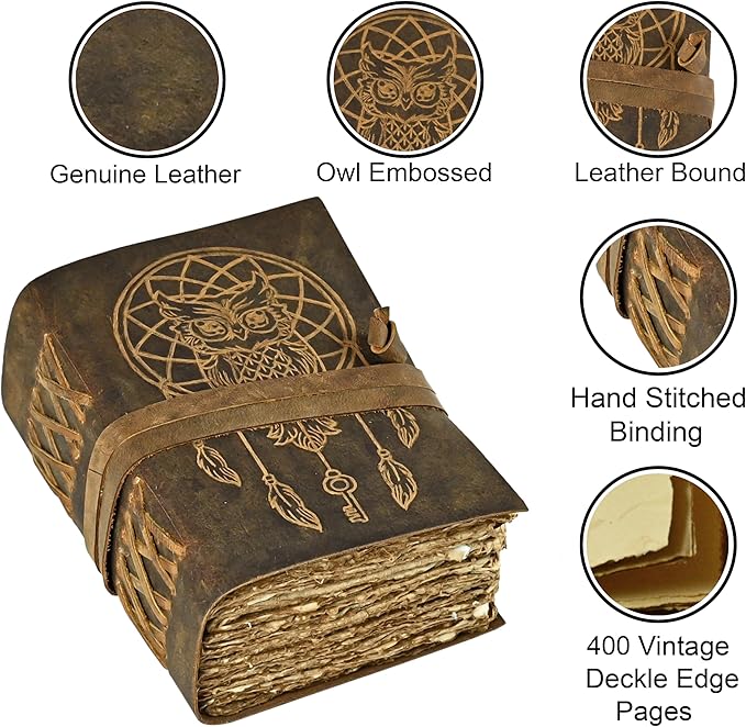 Urooj Handicraft 400 Page Book Of Shadows journal blank dream catcher with owl leather witchcraft books grimoire spell sketchbook college poetry personal notebooks (Owl 2)