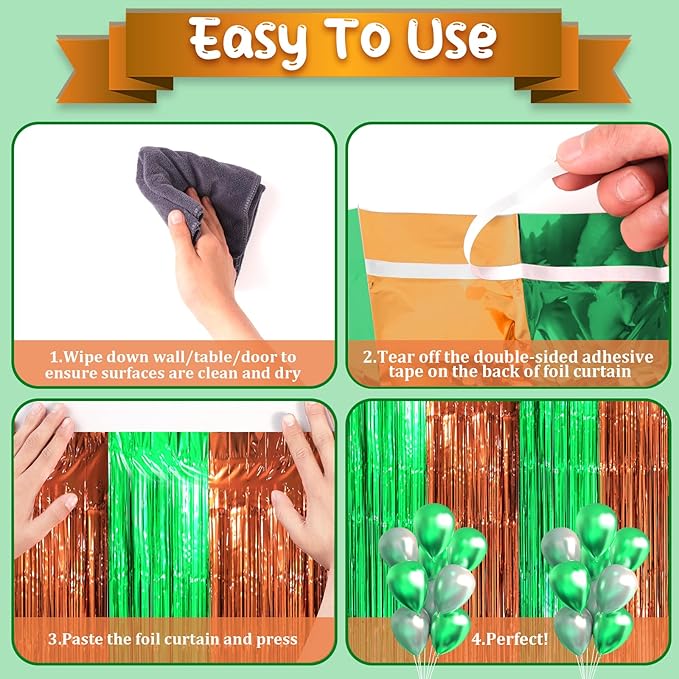 3 Pack 3.3 x 8.2 ft Green and Brown Foil Fringe Backdrop Curtains, Tinsel Streamers Party Decorations, Fringe Backdrop, Door Shimmer for Super Bowl or Birthday Party
