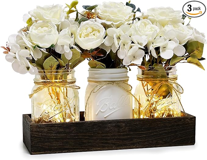 Mason Jar Lights Centerpiece for Table, Mason Jar Centerpiece Table Decor for Dining Room Farmhouse Coffee Table Decor with Wood Tray Fairy Lights Fake Peony Flowers for Kitchen Living - Ivory
