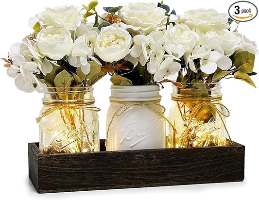 Mason Jar Lights Centerpiece for Table, Mason Jar Centerpiece Table Decor for Dining Room Farmhouse Coffee Table Decor with Wood Tray Fairy Lights Fake Peony Flowers for Kitchen Living - Ivory