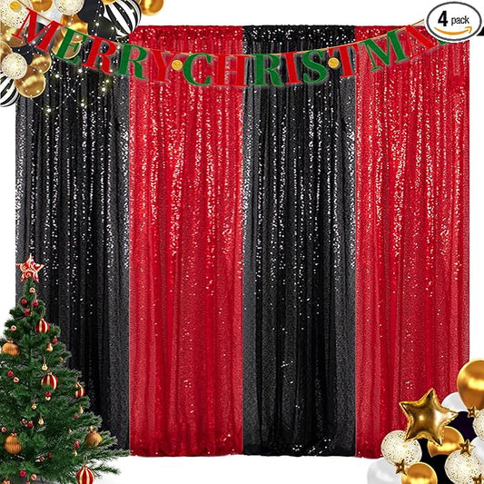 ShinyBeauty 4 Panels Black and Red Sequin Backdrop | 2Ft x 8Ft Sparkle Photo Background | Shimmer Curtains for Photography & Events | Perfect for Christmas & Party Decor