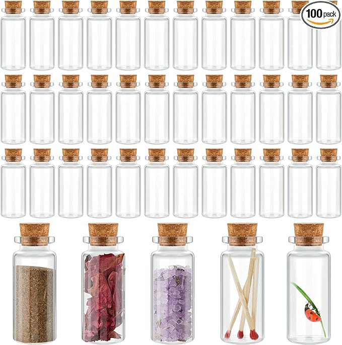 Gerrii 100 Pcs 30 ml Mini Glass Bottles with Wood Cork Stoppers, Mini Potion Glass Vials Small Clear Bottles Wishing Message Spell Tiny Jars Sand Art for Halloween Decoration Wedding DIY Favor