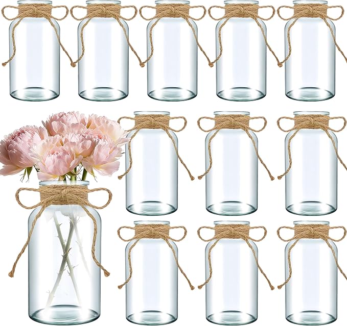 12PCS Transparent Glass Flower Vases for Centerpieces Boho Cylinder Bud Vases in Bulk Mason Jars for Weddings, Parties & Vintage Home Decor(Transparent 12)