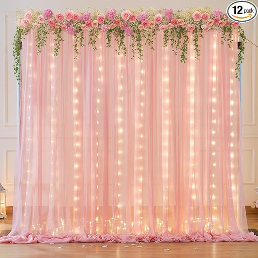 10ft x 7ft Baby Pink Chiffon Backdrop Curtain with Lights String for Parites Wedding Wrinkle Free Curtain Photo Backdrops Drapes for Baby Shower Birthday Party Home Decorations