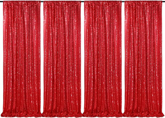 Red Sequin Backdrop 4 Panels 2FTx8FT Christmas Party Backdrop Curtains Photo Background Drapes Glitter Birthday Bridal Backdrop Drapes