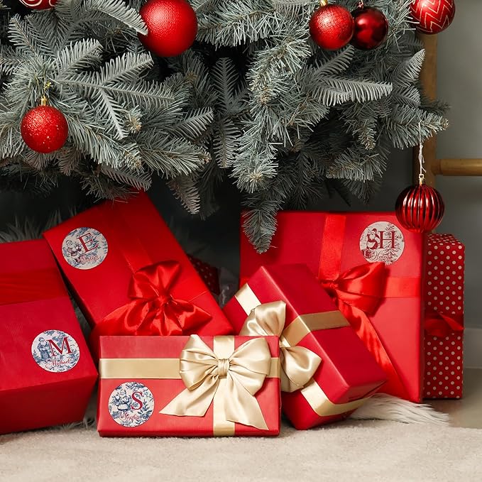 30pcs Personalized Christmas Stickers with Name, Custom Toile De Jouy Style Santa Claus Waterproof Christmas Gift Tags for Gift Box Holiday Decorations, Stockings, Party Favors