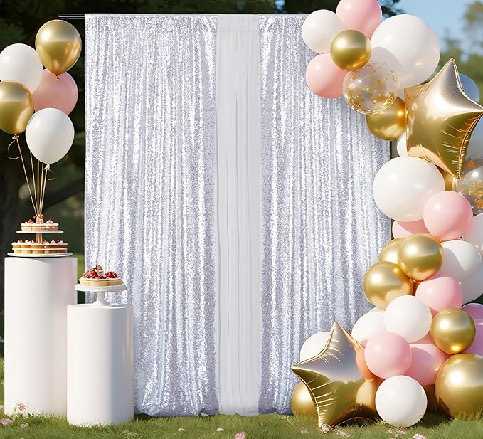 Silver Sequin Backdrop 2 Panels Christmas Party Backdrop Curtain,Glitter Photo Background for Wedding Baby Shower