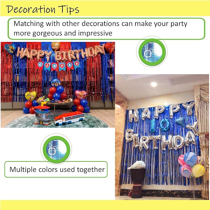 Blue Foil Fringe Backdrop Curtains,2 Pack Tinsel Streamers Birthday Party Decorations,blue Fringe Backdrop for ocean themed Birthday,Graduation,Astronaut,Gender Reveal,Boss Baby,Father's Day,3.3x6.6ft