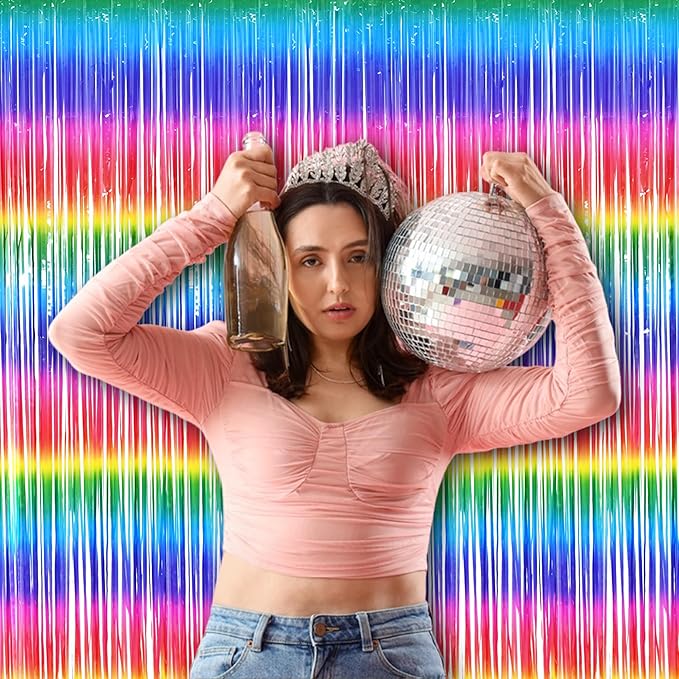 BRAVESHINE Fringe Backdrop Tinsel Foil Curtains - 2 Pack Colorful Metallic Streamers Backdrops for Doorway Decor/80's/90's/Dance/Graduates/Rainbows-Theme/Candylands/Kids Birthdays Party Decorations