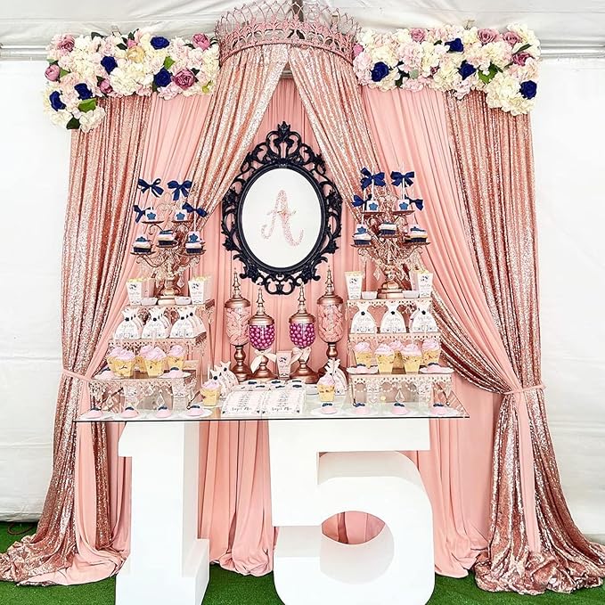 Rose Gold Sequin Backdrop Curtains Panels 4 Pieces 2FTx8FT Wedding Backdrop for Bridal Shower Brithday Party Decor