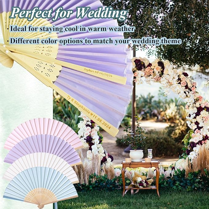 100 Pcs Personalized Purple Wedding Fans for Guests Bulk, Custom Hand Fans Decorative Folding Fans, Wooden Fans Party Favor Birthday Party Supplies Bridal Shower Gifts Baby Shower Favors