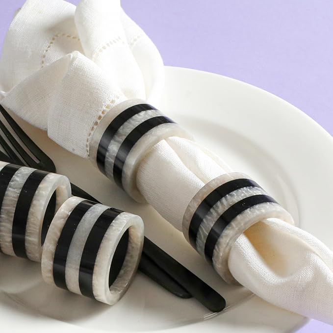Napkin Rings Set of 12, Resin Round Napkin Holders for Cloth Napkins, Elegant Serviette Rings for Dinner Parties, Weddings, Holiday Décor, Modern Dining Accessories (Black White) - ALPHA Living HOME