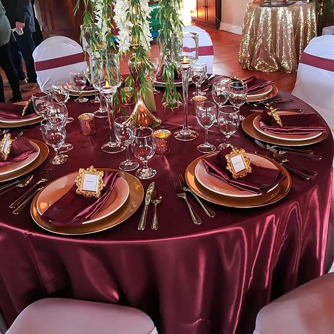 fani 6 Pack 120 Inch Burgundy Satin Tablecloth - Premium Bright Silky Round Tablecloth Overlay Smooth Fabric Table Cover, Table Decoration for Wedding Party Banquet Events Restaurant Kitchen Dining