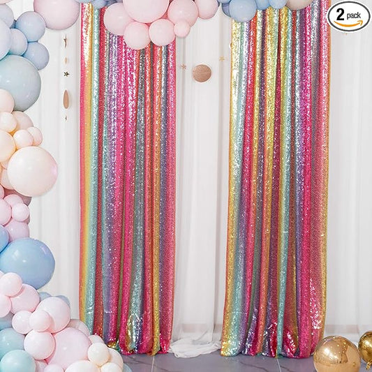 ShiDianYi Sequin Backdrop Rainbow 2 Panels 4FTx6FT Backdrops for Photoshoot Sequin Curtains Backdrop Wedding Anniversary Birthday Background