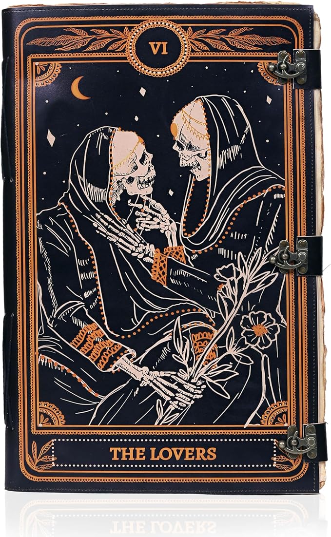 cuero Book of Spells Leather Journal Deckle Edge Paper Grimoire Printed Journal The Lovers Tarot Notebook Spiral Gothic Notebook Skull lover Antique Vintage Leather Journals for Women and Men