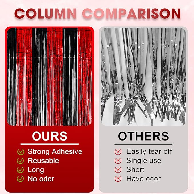 3 Pack 3.3x8.2 Feet Red and Black Foil Fringe Backdrop Curtains, Tinsel Streamers Birthday Party Decorations, Fringe Backdrop for Graduation, Casino, Red Carpet, Halloween Party