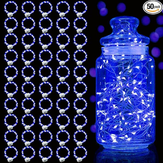 Aogist 50 Pack Fairy Lights 3 Modes 7ft 20 LED Waterproof,Battery Operated Silver Wire Firefly Starry Moon Mini String Lights for Mason Jars Christmas DIY Crafts Wedding Party Bedroom,Blue